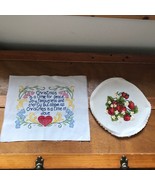 Vintage Lot of 2 Embroidered Christmas Saying &amp; Blooming Strawberry Plan... - £6.75 GBP