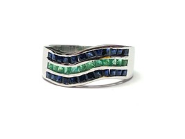 Natural Emerald Sapphire Band 2 mm Square Cut Ring Sterling Silver Emerald Ring - £129.78 GBP