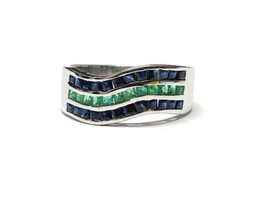 Natural Emerald Sapphire Band 2 mm Square Cut Ring Sterling Silver Emerald Ring - £116.46 GBP