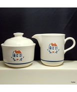 Market Square House Creamer and Covered Sugar Bowl Cream Stoneware w Blu... - £21.03 GBP