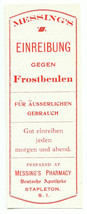 1 Vintage Gummed Label Einreibung Frostbulen Messing&#39;s Pharmacy Stapleton S.I. - £20.72 GBP
