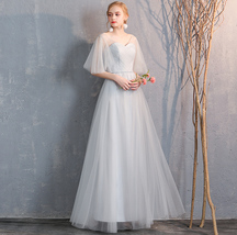 Light Gray Tulle Bridesmaid Dress Custom Plus Size Maxi Prom Dress
