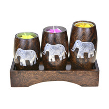Three Mini Barrel Pewter Elephant Wooden Tea Light Candle Holder Set - £14.67 GBP