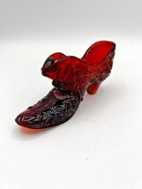 Amberina Art Glass CAT HEAD Orange &amp; Red Shoe Slipper Daisy Button Vintage - £14.91 GBP