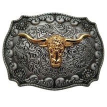 Western Cowboy 4x3 inches Golden Texas Longhorns Bull Metal Belt Buckle - £17.26 GBP