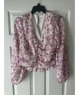 Lush floral cropped top Sz L cottage ruffled elastic waist - $16.72 CAD