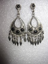 Vintage Silver &amp; Black Stone Dangle  Pierced Earrings - £8.18 GBP