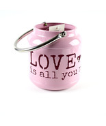 Metal Pail Candle Holder Laser Cut Love Is All You Need Pink Handle Hearts