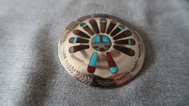 Vintage Sterling Silver Navajo Pendant / Brooch Coral Turquoise Inlay Begay - $148.50