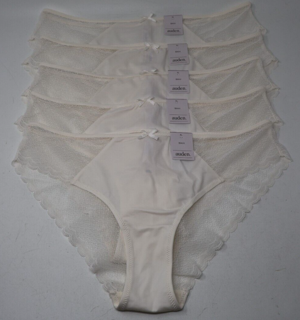 Auden Bikini Panties XL CREAM SOLID FRONT LACE BACK & SIDES Lot of 5 NWT