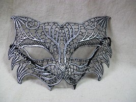 Black  Silver Cat Mask w/ Fangs Masquerade Ball Feline Femme Fatale Mean... - €7,66 EUR