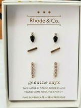 Kohl&#39;s Women&#39;s Silver Plate Genuine Semi Precious Stones 3 Pair Earrings Onyx - £21.29 GBP
