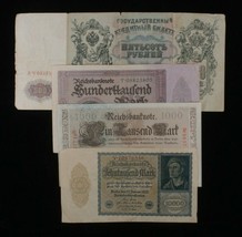 Germany &amp; Russia 4-Notes Lot Large-Size German Mark &amp; Russian Rubles - $52.46