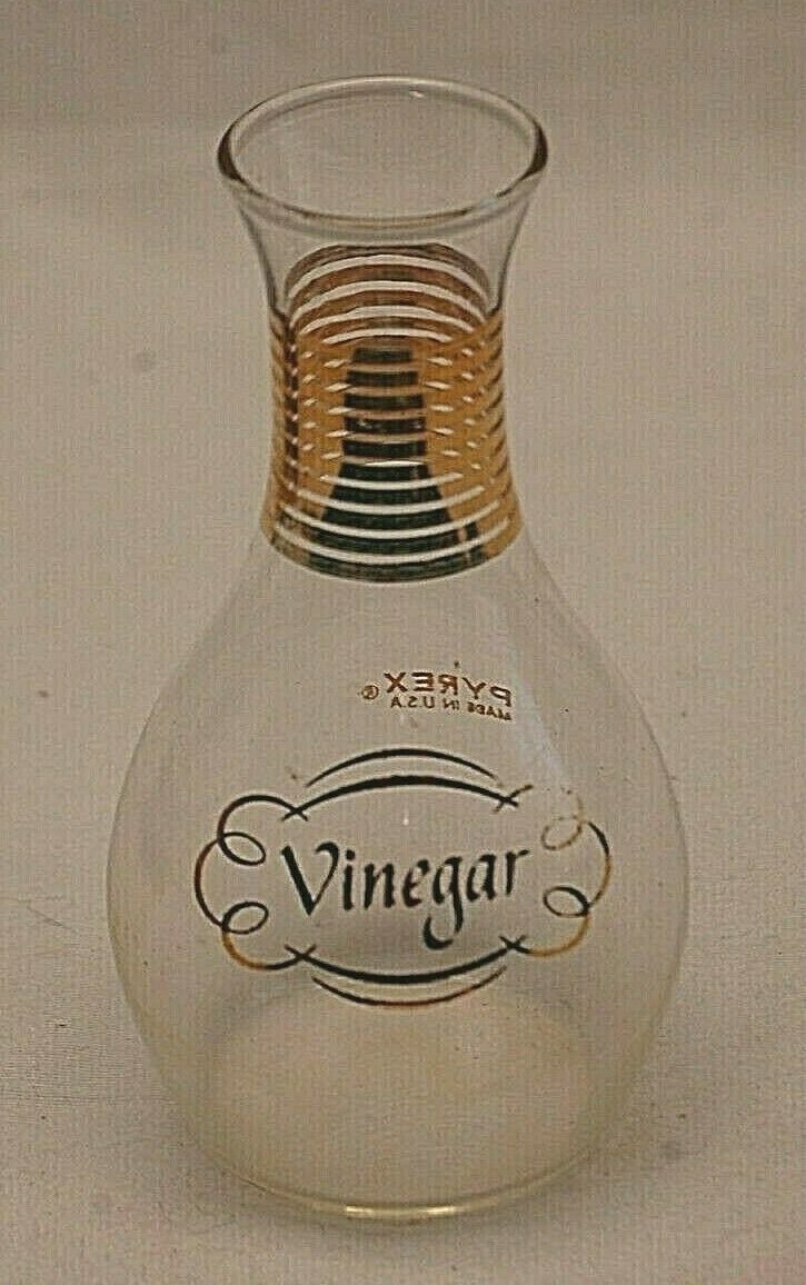 Primary image for Pyrex Glass Bottle Vinegar Carafe Gold Accents Tabletop No Lid Vintage MCM USA