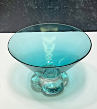 Teal Art Glass Pedestal Bowl w 4 Lobed Controlled Bubble Clear Foot Aseda? MCM - $37.62