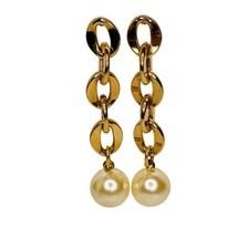 Pierced Earrings Gold Tone Faux Pearl Dangle Drop Chain Chunky Post 2.5” Long - £7.42 GBP