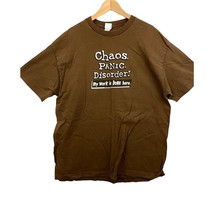 VTG Chaos Panic Disorder My Work is DONE Here Brown T-Shirt XL Y2K - £16.98 GBP