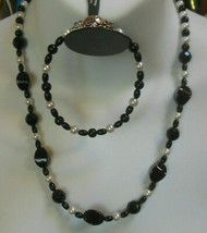 Vintage Black Glass Bead &amp; Faux Pearl Necklace &amp; Bracelet - $37.62