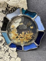 Vintage 6.5” Glass and Pressed Flowers Butterfly Blue Stained Glass Suncatcher - £10.16 GBP