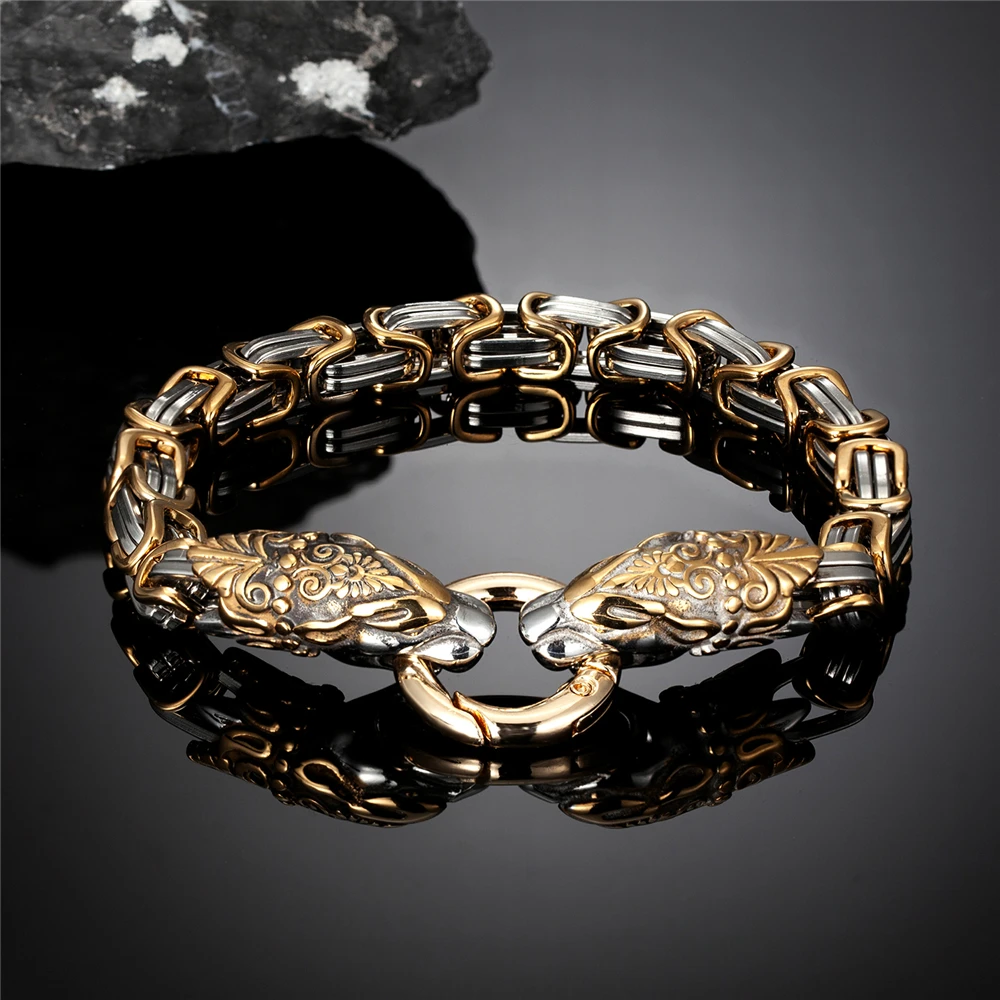 Never Fade Viking Dragon Head Bracelets Men Gold Stainless Steel King Chain Snak - £27.59 GBP
