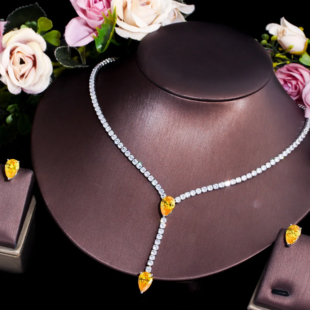 Yellow Water Drop Cubic Zircon Women Evening Party Costume Necklace and Earrings - £22.59 GBP