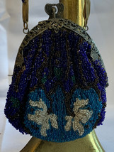 Antique Seed Bead Purse Blue White Floral Handbag Pocketbook Sling Bag *... - £110.75 GBP