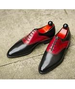 Two Tone Men Red Black Leather Handmade Oxford Plain Pointed Toe Stylish... - $159.99