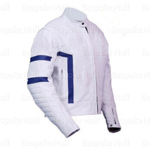 New Men&#39;s White Blue Stripes Motorcycle Cowhide Leather Jacket Safety Pads-401 - £136.68 GBP+