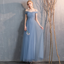 Dusty Blue Bridesmaid Dress Off Shoulder Sweetheart Tulle Empire Dress image 2