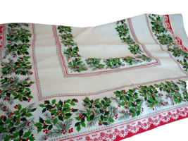 Vintage Christmas Holly &amp; Berry Tablecloth 51&quot; X 66&quot; Oblong Cotton Fabric Pine - £46.92 GBP