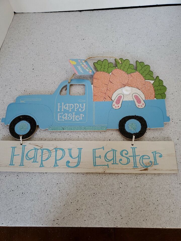 Happy Easter Bunny Carrots Feet Hanging Wall Blue Truck Decor Door Sign ... - $14.27