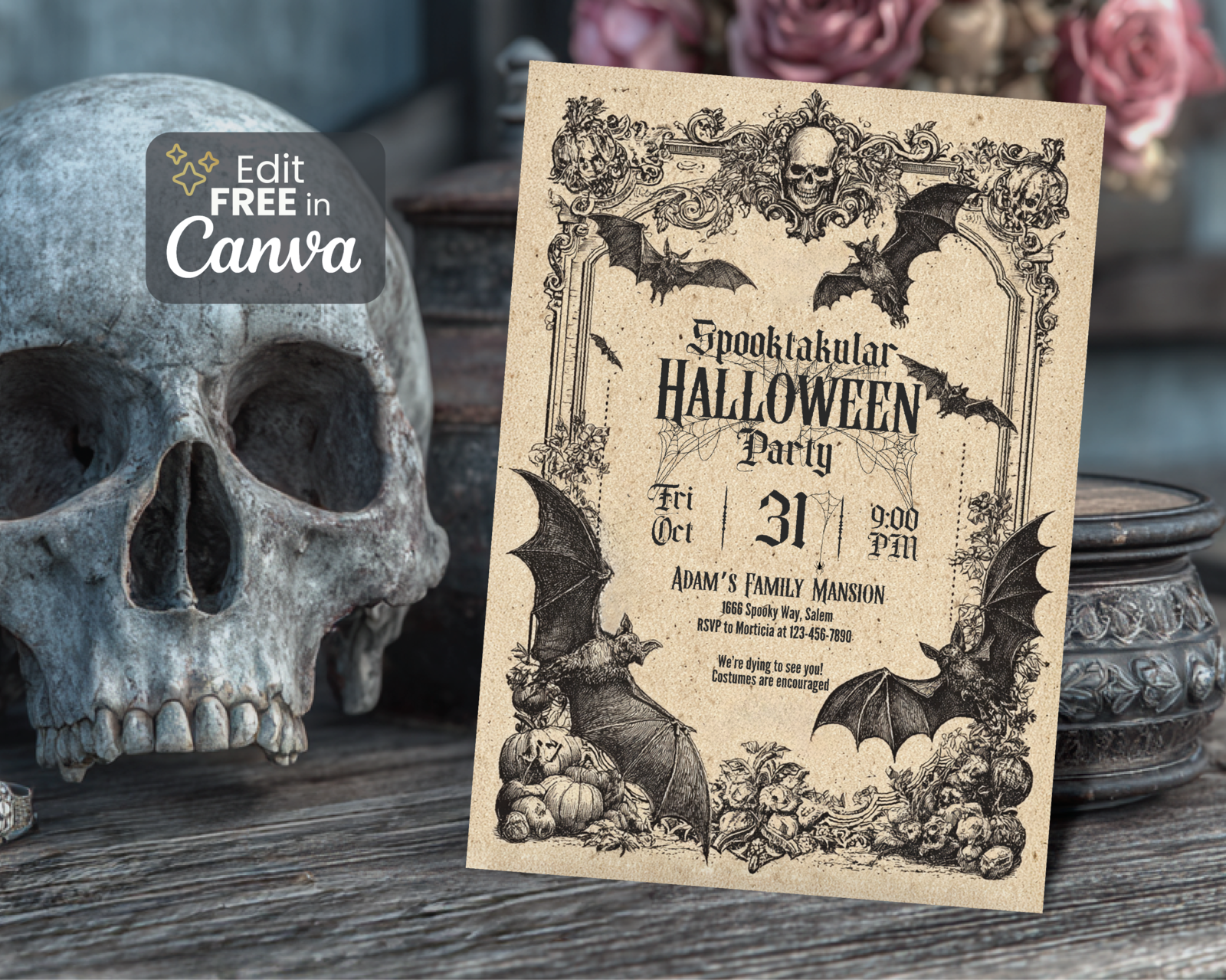 Editable Vintage Halloween Invitation, Halloween Party Invite, Gothic In... - $4.99