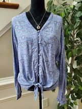 Beach Launch Lounge Women Blue Viscose V-Neck Long Sleeve Button Down Shirt L/G - £18.34 GBP