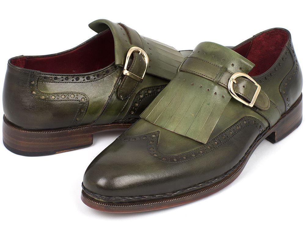 Men Black & Green Brogue Wing Tip Tussle Buckle Strap Monk Leather Shoes US 7-16