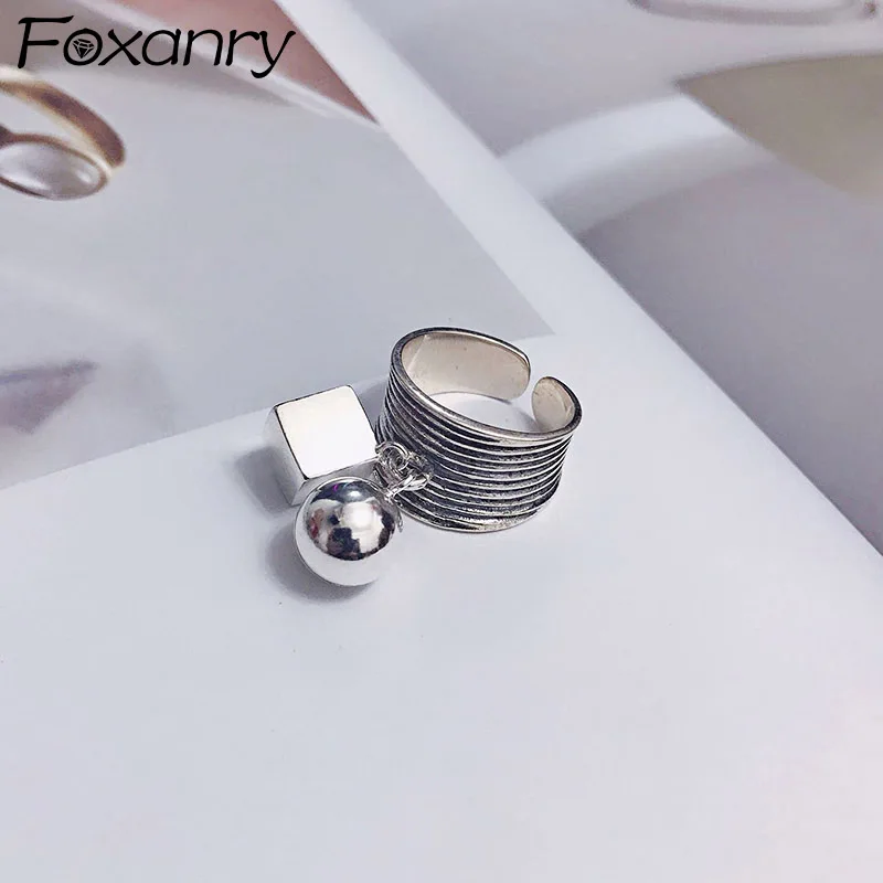Silver Color Rings for Women New Fashion Simple Square Ball Pendant Vintage Punk - £11.45 GBP