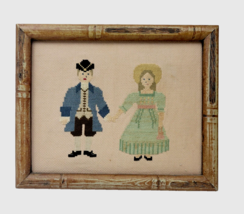 Vintage Handmade Cross Stitch Needlepoint Colonial Couple Man Woman Fram... - £15.40 GBP