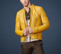 Mens Leather Jackets Motorcycle Bomber Biker Yellow Leather Jacket Men - £127.88 GBP