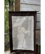 Boy wearing Hat carrying Flag Vtg Handmade Filet Crochet wall decor  24&quot;... - $60.48 CAD