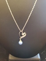 Heart Drop Pearl Pendant 20 &quot; Necklace with blue pearl and cubic zirconia  - £12.65 GBP