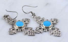 Sterling Silver CROSS Dangle EARRINGS with Turquoise Inlay - 2 inches long - £30.30 GBP
