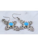 Sterling Silver CROSS Dangle EARRINGS with Turquoise Inlay - 2 inches long - £30.30 GBP