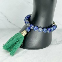 Blue and Green Beaded Stretch Bracelet with Tassel Charm - £5.54 GBP