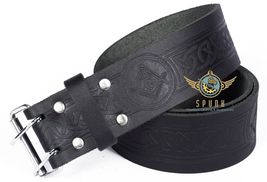 Black Leather KILT BELT Masonic Design Celtic Embossed Belt Double Prong Belt - £21.26 GBP