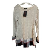 Reborn Women’s S Winter White Cable Knit Sweater Tunic – Plaid Trim Hem ... - $480.43 MXN