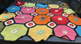 Vtg Afghan Crochet Blanket Granny Large Hexagon Squares 60-70s CUTTER or... - $19.79