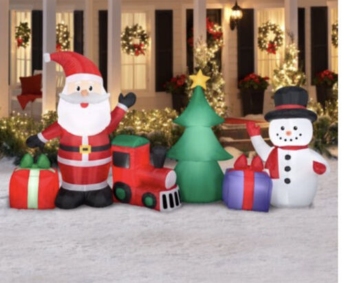 Holiday Times Gemmy 9ft Wide Christmas Scene Santa, Snowman Train Light Up New - $114.97