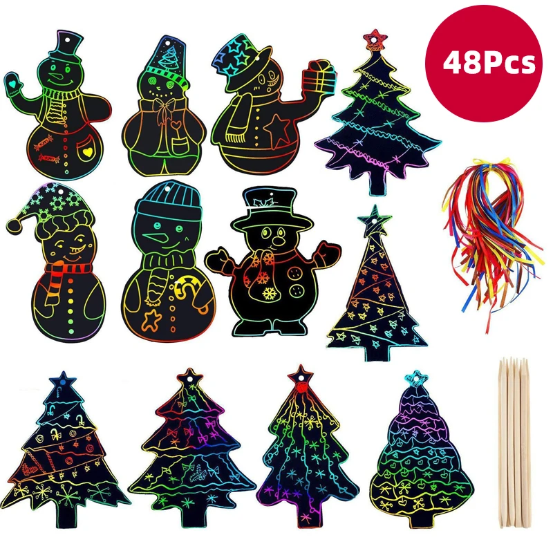 48Pcs Christmas Rainbow Scratch Paper Xmas Tree Snowman DIY Hanging Ornaments - £12.35 GBP