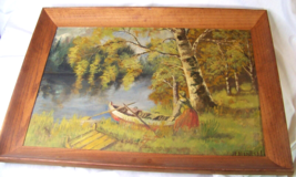 c1930 ANTIQUE ADIRONDACK MOUNTAINS CANOE WOMAN BIRCH TREE OIL PAINTING H... - £167.42 GBP