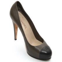 CHANEL Platform Pumps Dark Grey Black Leather Heels Shoes CC Cap Toe Sz 41 - £224.01 GBP