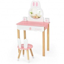 Kids Vanity Set Rabbit Makeup Dressing Table Chair Set with Mirror and Drawer-P - £108.78 GBP